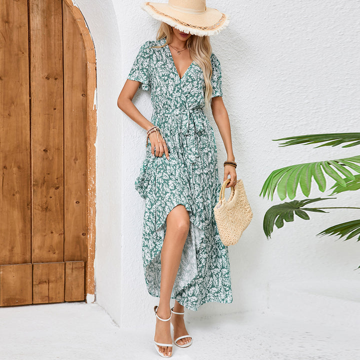 Dame Maxi-kjole med floralt omslag design og dyb slids Stilla