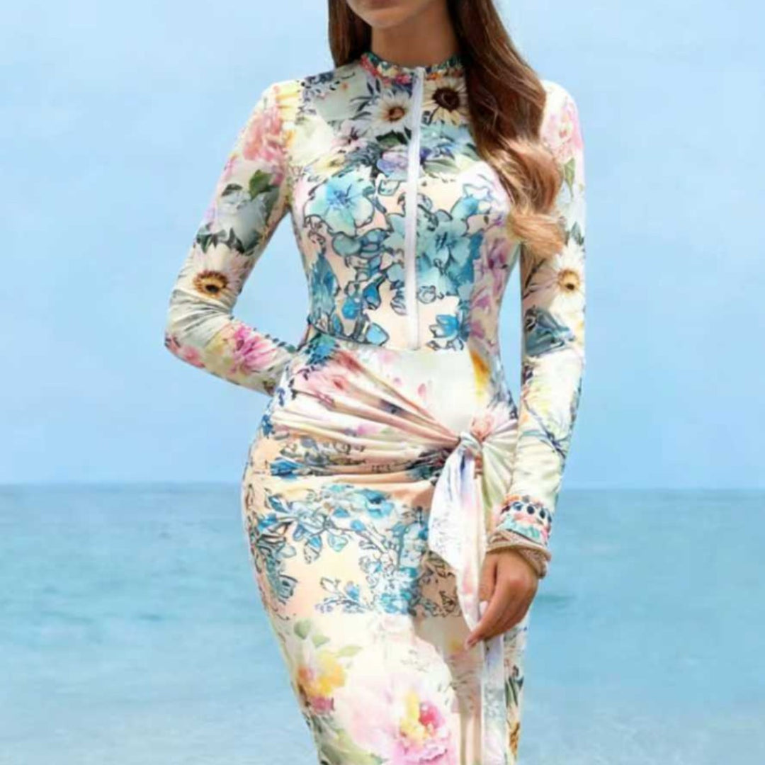 Dame Elegant Langærmet Strandkjole med blomsterdesign Skovae