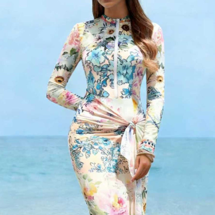 Dame Elegant Langærmet Strandkjole med blomsterdesign Skovae