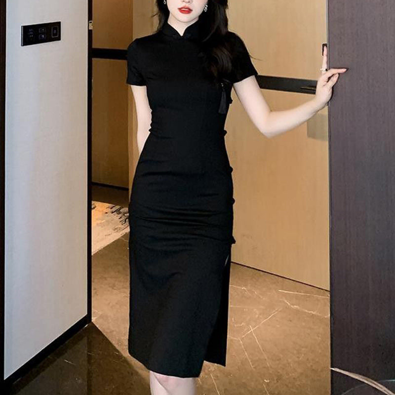 Damer elegant bodycon kjole med høj slids og korte ærmer Skovae