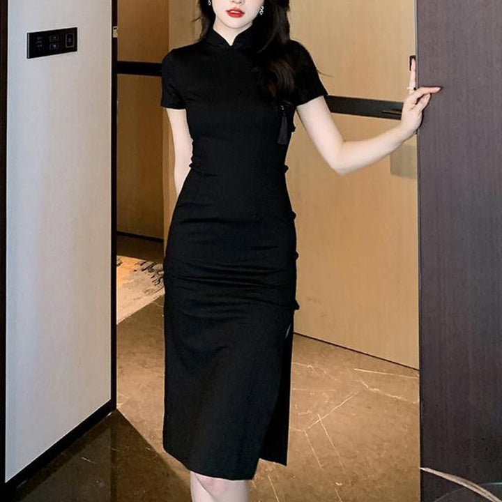 Damer elegant bodycon kjole med høj slids og korte ærmer Skovae