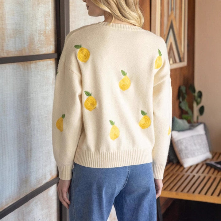 Dame strikpullover med frugtigt broderidesign Stilla