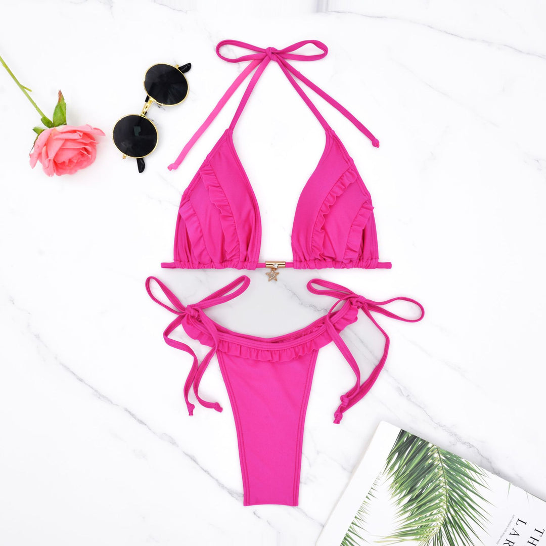 Dame Triangel-Bikini med flæsedetaljer og justerbare snørebind Skovae