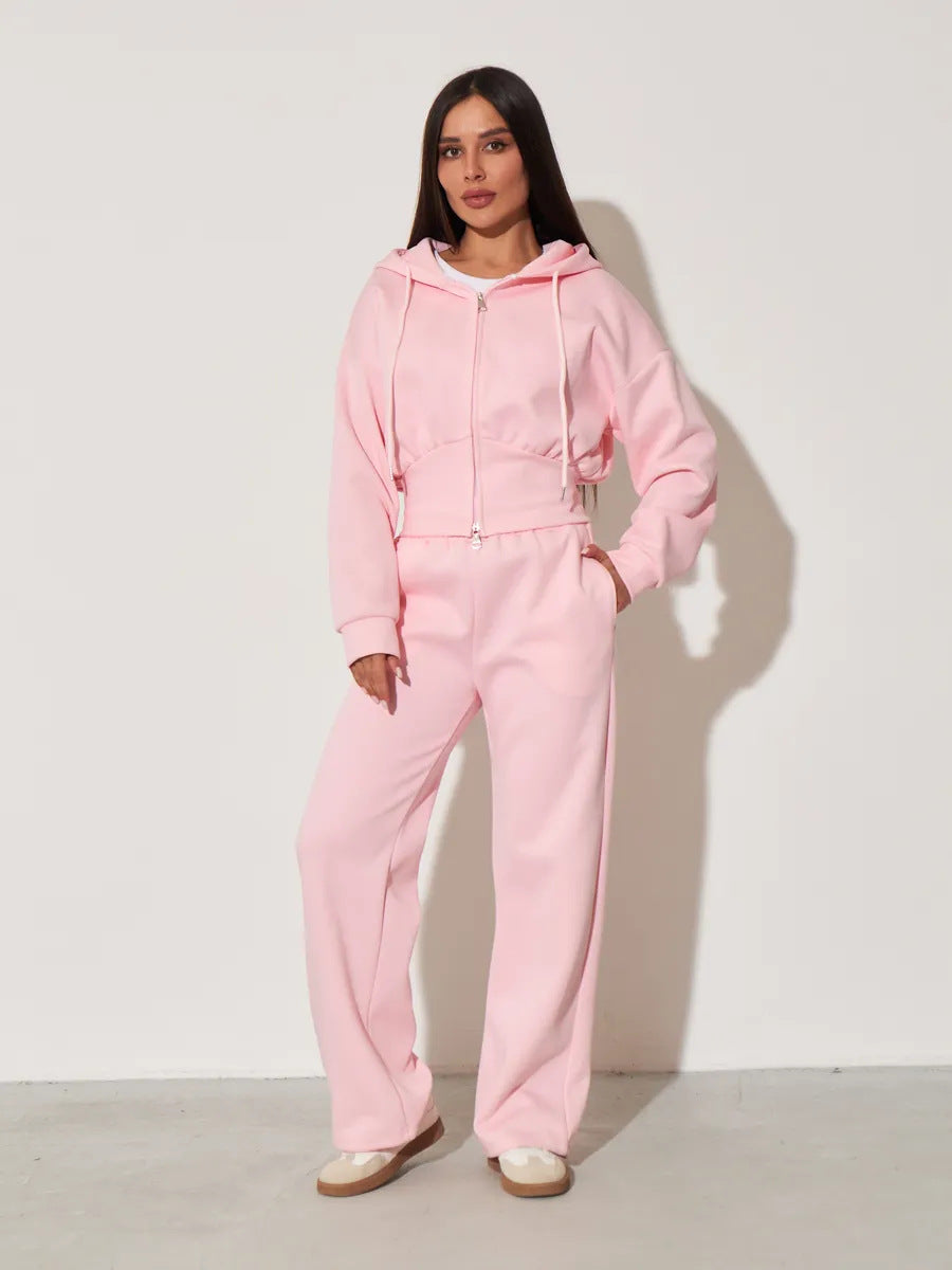 Kvinders afslappede hoodie top og brede sweatpants sæt med høj talje og lynlås Skovae