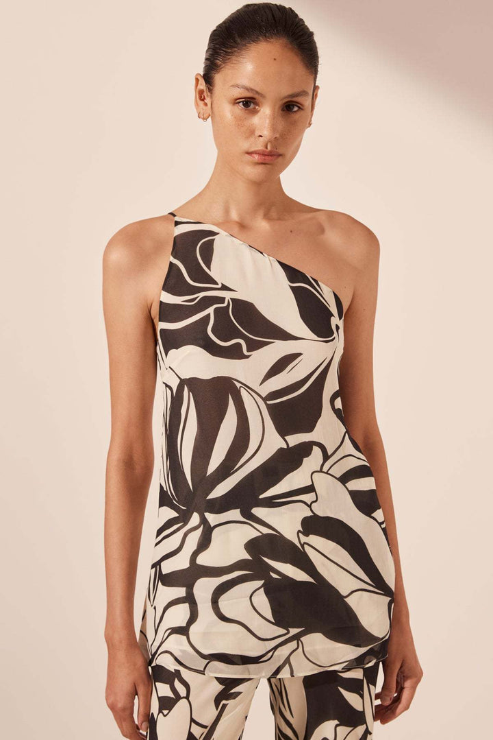 Dame asymmetrisk top med florale motiver og elegant snit Stilla