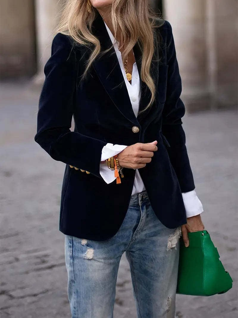 Damer Elegant Fløjl Blazer med Skræddersyet Pasform og Guld Knapper Stilla
