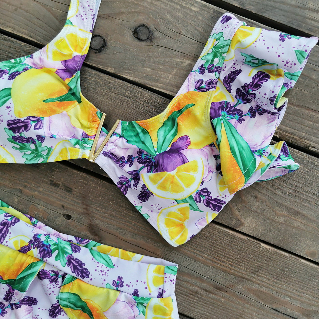 Dame bikini-sæt med smagfuld flæse-design og glad frugt-print Stilla