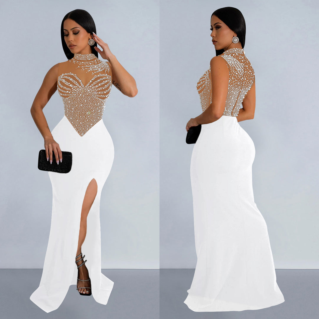 Dame elegant aftenrobe med strass-applikationer og høj slit Stilla