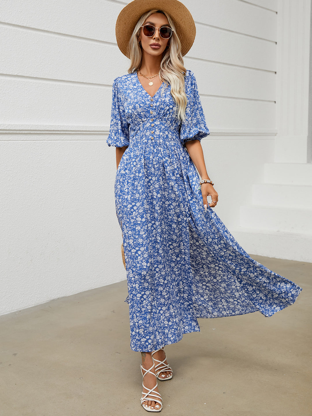 Femme Knap-top Blomster Maxi Kjole med Sideslids Stilla