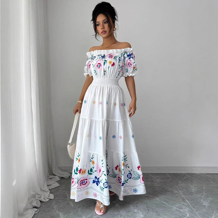 Dame Sommer Maxi-Kjole med romantiske blomsterbroderier og elastisk talje Stilla