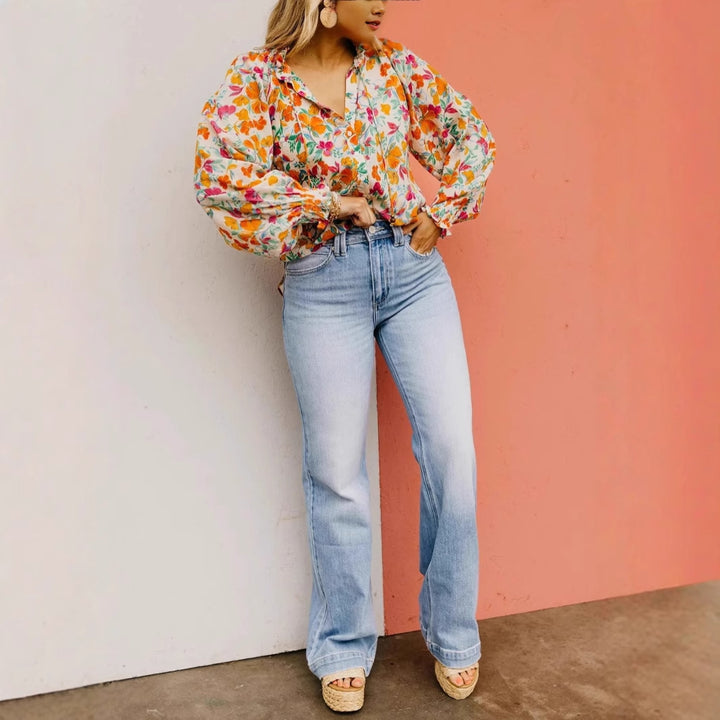 Dame Mode High-Waist Jeans med bred ben Stilla
