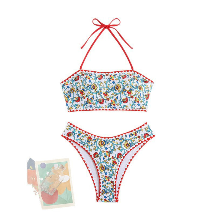 Dame Bandeau-Bikini med florale accenter og flæser Skovae