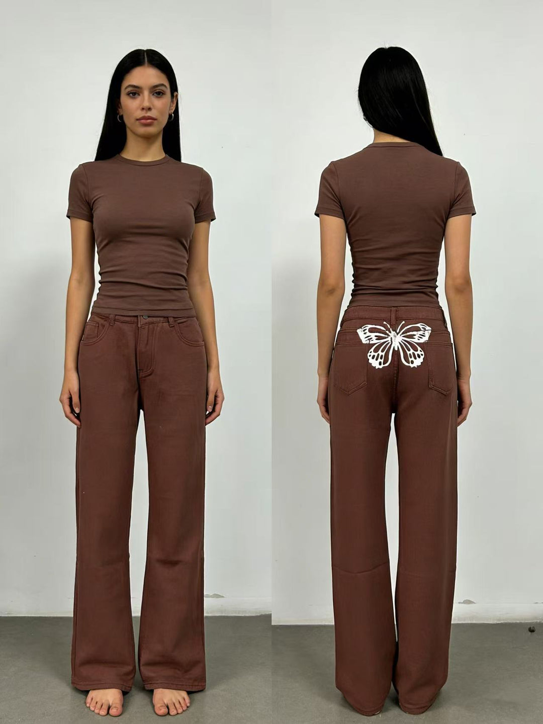 Dame Wide Jeans med kunstnerisk sommerfugledesign Skovae