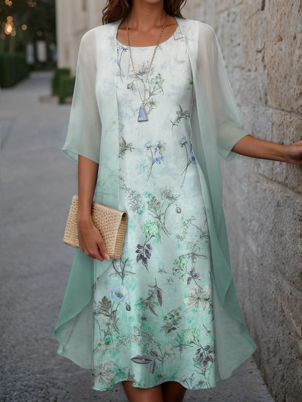 Dame elegant maxikjole med gennemsigtig chiffonoverdel og blomsterprint Stilla