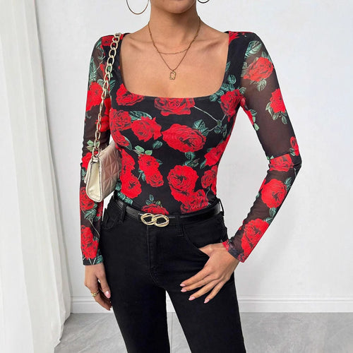 Dame nan figurnær Stretchshirt med kvadratiskudskæring, fin meshstruktur og stort rosenprint Skovae