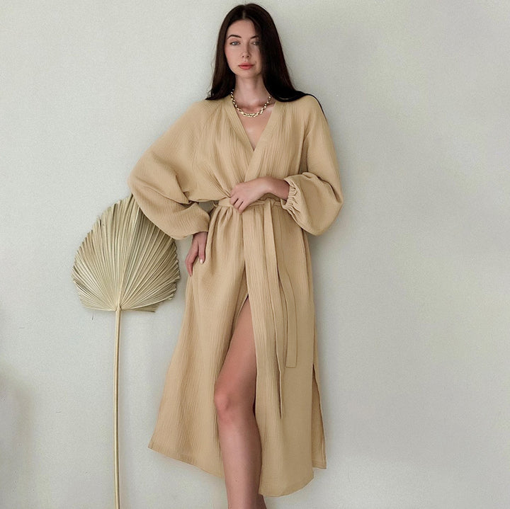 Dame elegant V-hals Kimono-morgenkåbe med taljebælte og vidt skårne ærmer Stilla