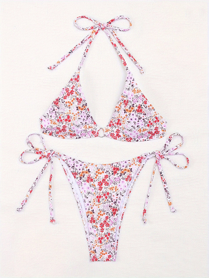 Kvinder Triangel-Bikini med blomsterprint og justerbare bindebånd Skovae