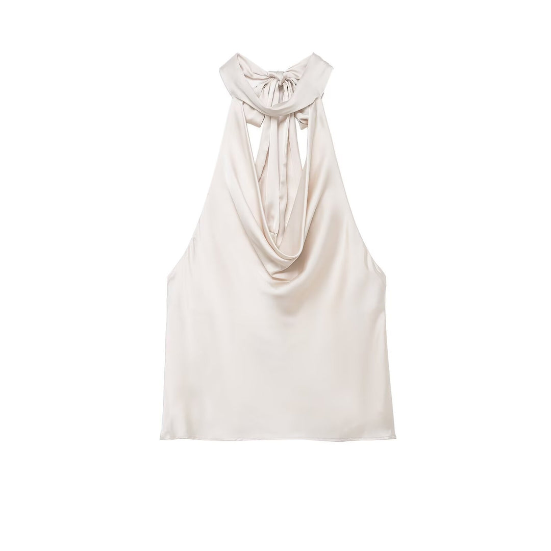 Dame elegant halterneck top i flydende satin med dekorativ rygudskæring Skovae