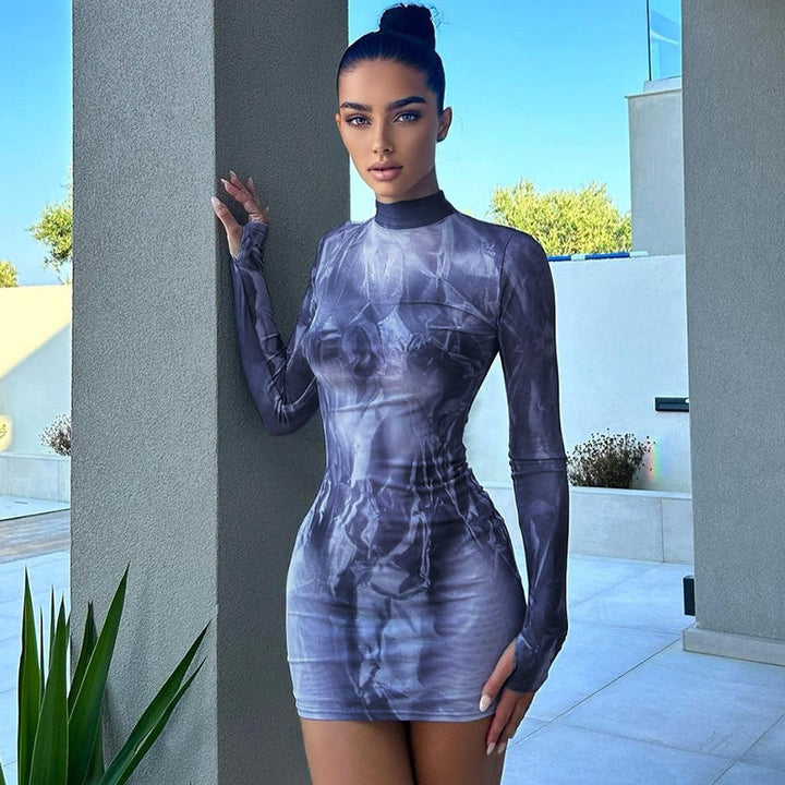 Dame Langærmet Kjole med Høj Krave og Stilfuldt Overflademønster Stilla
