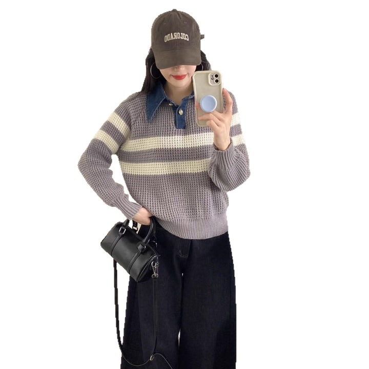 Kvinders afslappede strikket sweater med krave og stribet design Stilla