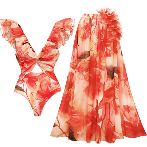 Dame one-piece badedragt med florale flæse detaljer Skovae