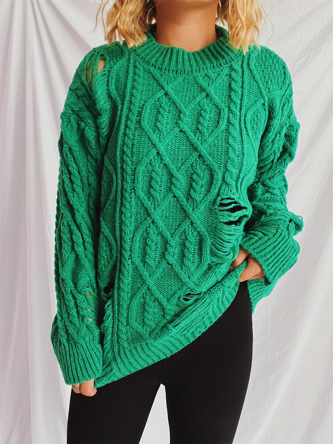 Dame casual oversized sweater med tekstureret kabelmønster og frynser Stilla