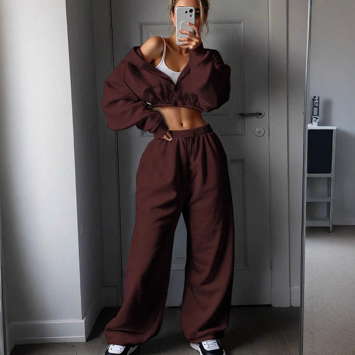 Kvindernes cropped fleece hoodie og casual joggers sæt Skovae