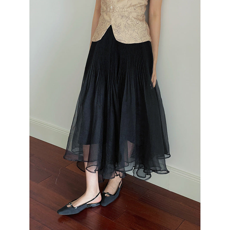 Dame plisseret maxi-nederdel i let chiffon med svingende snit Stilla
