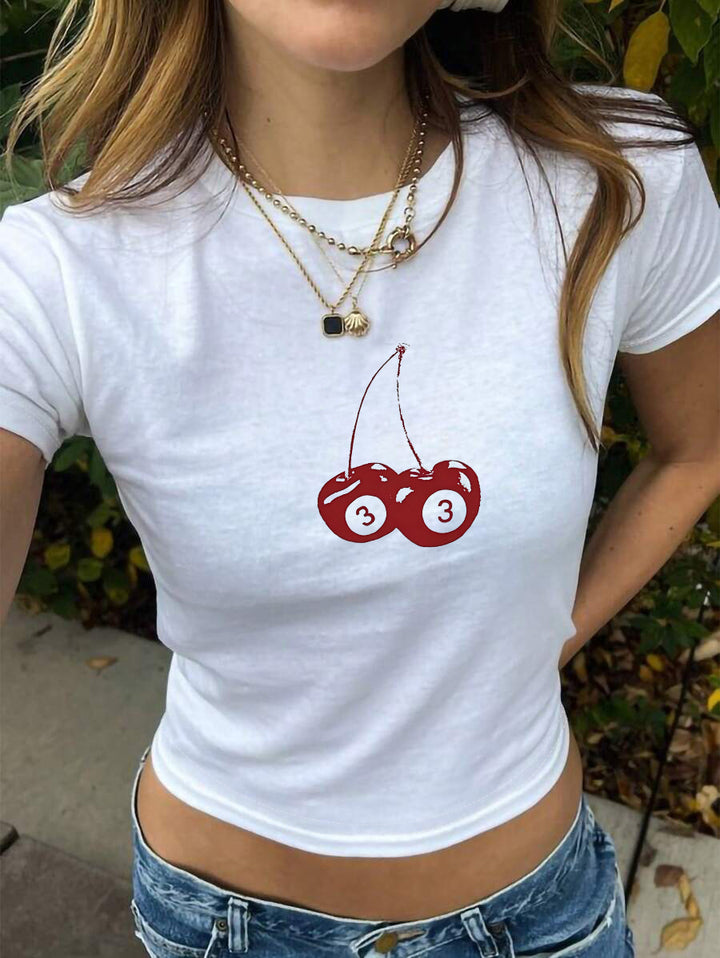 Dame Crop-T-Shirt med glat kirsebærmotiv og afslappet snit Skovae