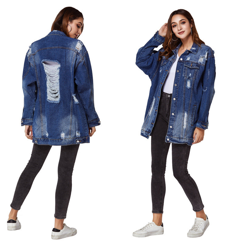 Dame Oversized Denim-jakke i vintage-look med destroyed-detaljer Stilla