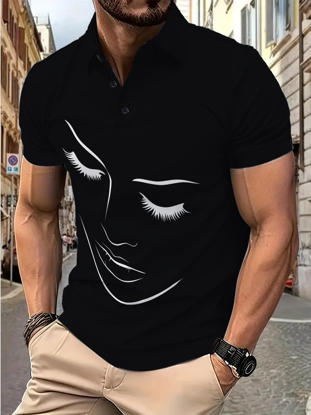 Herre poloshirt med kunstnerisk ansigtsdesign og høj kvalitetsstof Stilla