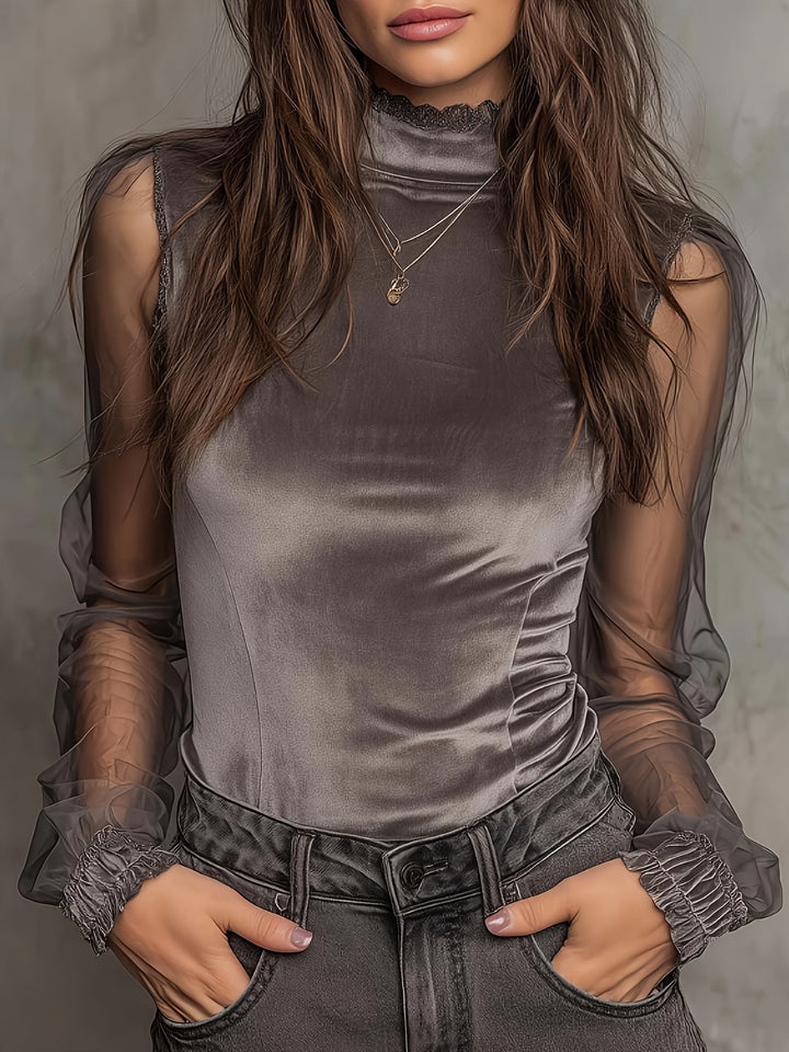 Damer Elegant top med transparente puffærmer og spidsekrave Skovae