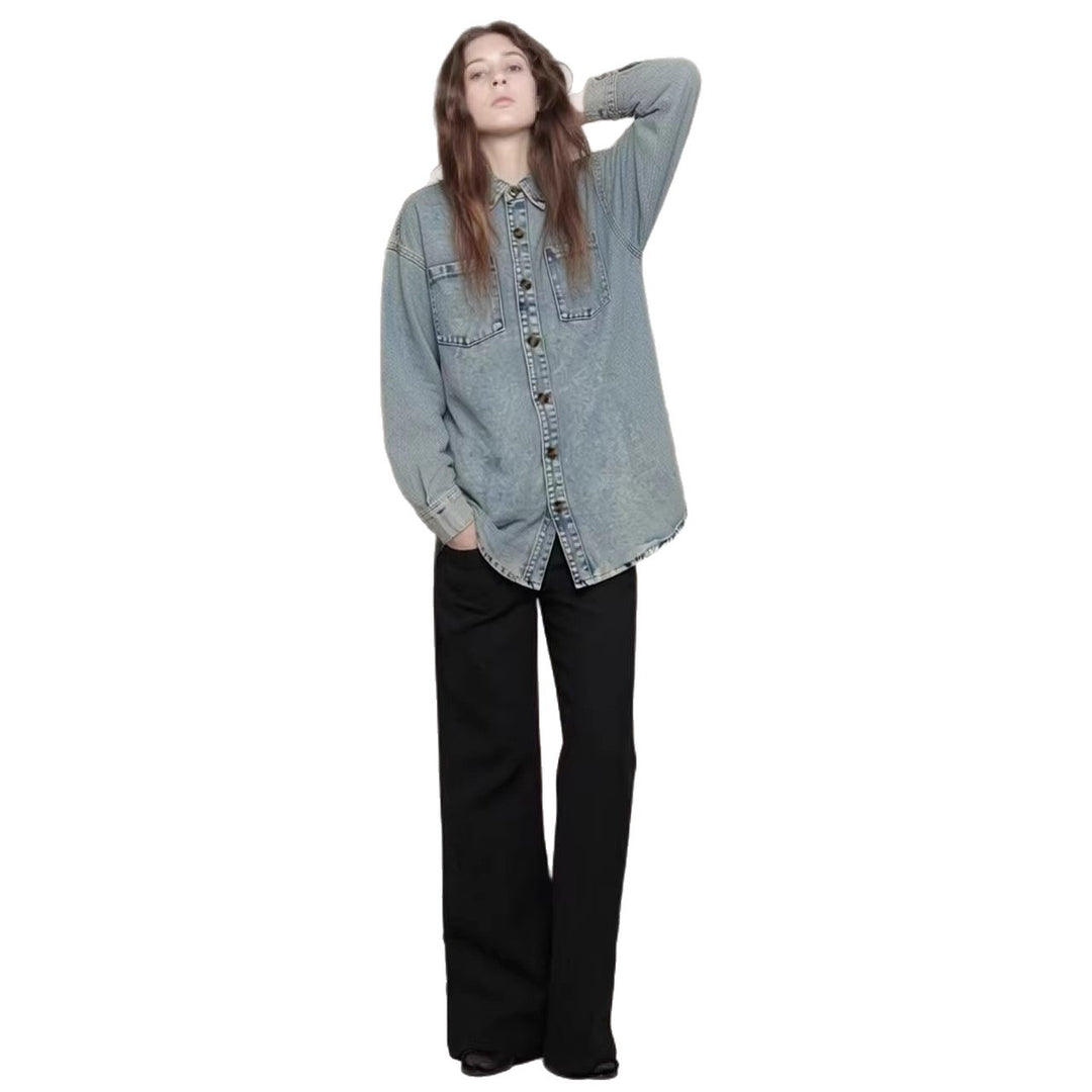 Dame Oversized Denim-Skjorte med påsatte lommer Skovae
