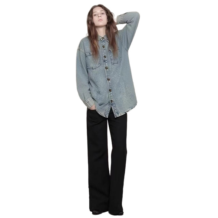 Dame Oversized Denim-Skjorte med påsatte lommer Skovae