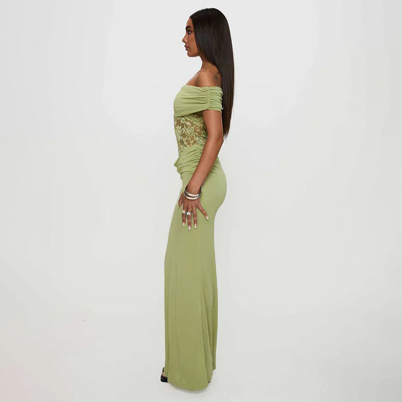 Femme Off-Shoulder Spids Accent Maxi Kjole Stilla