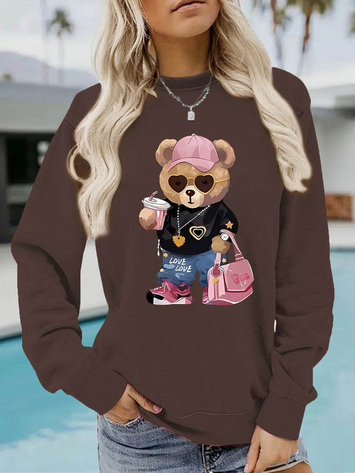 Kvinders sweatshirt med unikt tegneserie-bjørn design og trendy tekst Stilla