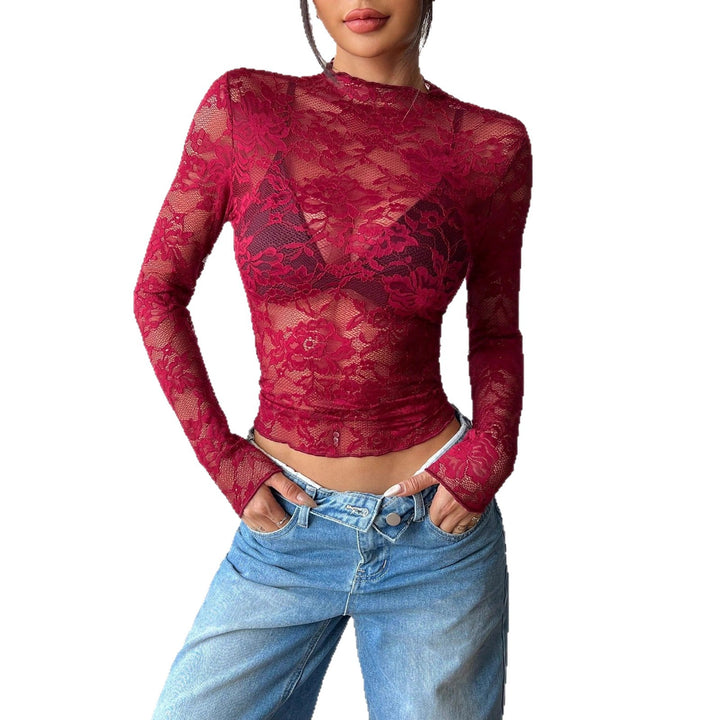 Dame nan figurbetonede transparente spids-crop-top med høj hals og integreret bustier-form Skovae
