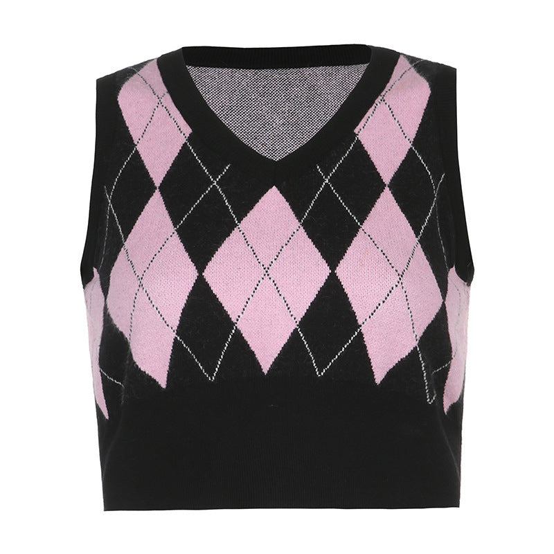 Dame cropped striktop med moderne rhombemønster Skovae