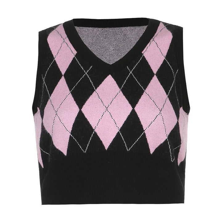 Dame cropped striktop med moderne rhombemønster Skovae
