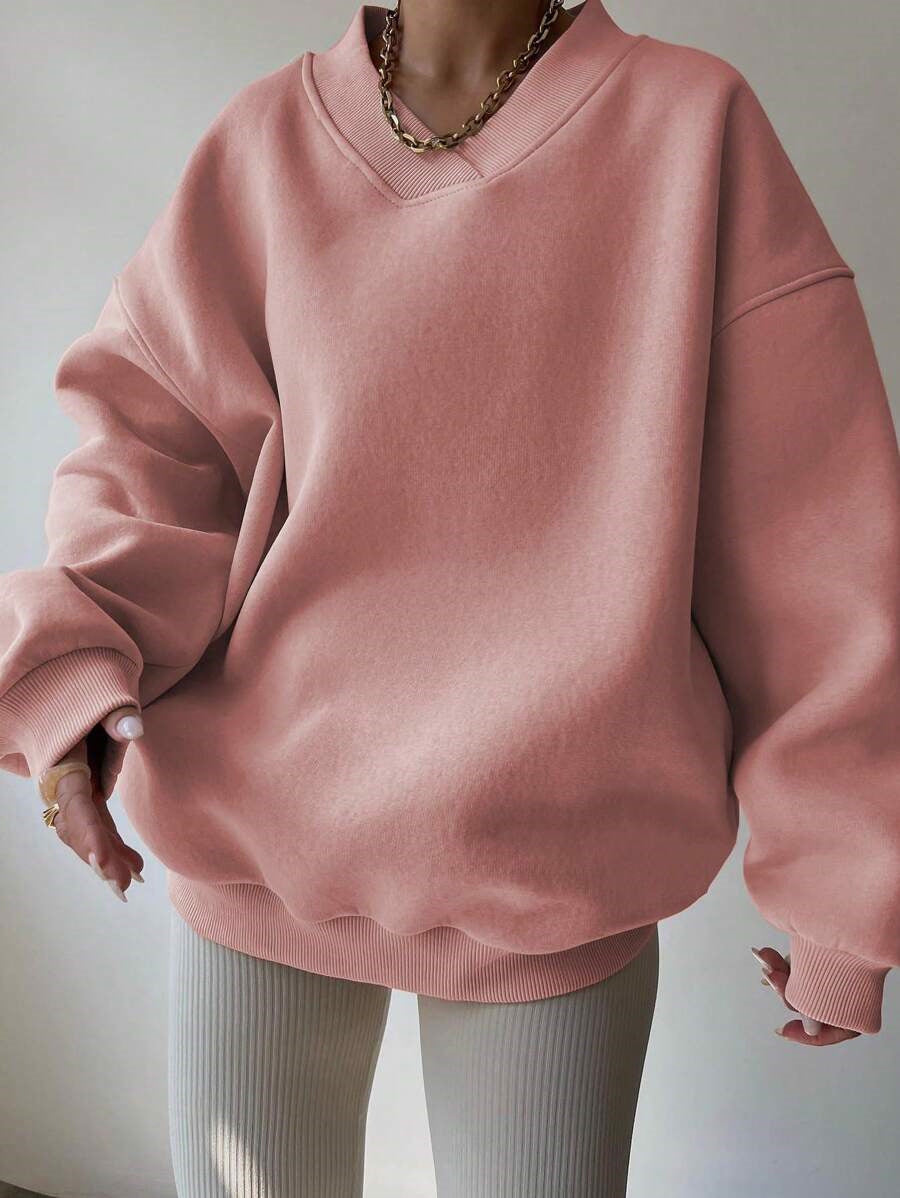 Kvinder Oversized Sweatshirt med V-hals og brede ærmekanter Skovae