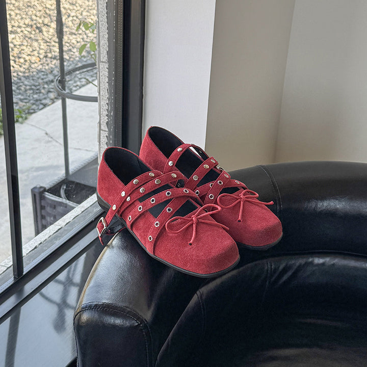 Dame Trendy Kvadrat Tå Slip-On Ballerinas med dekorativt Krydsrem Design Stilla