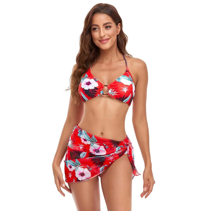 Dame Triangel-Bikini-Sæt med moderne omslagsskjørt og blomsterdesign Skovae