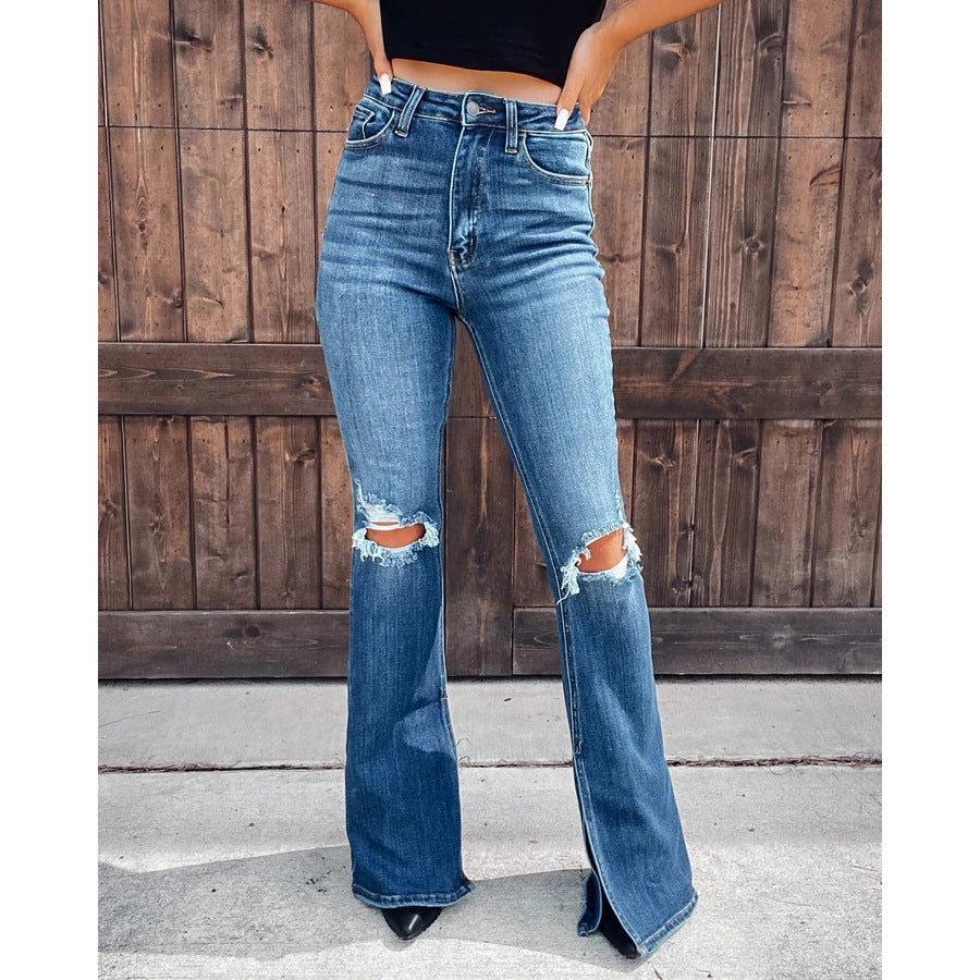 Dame Flared Jeans med gennemgående høj talje og destroyed effekter Stilla