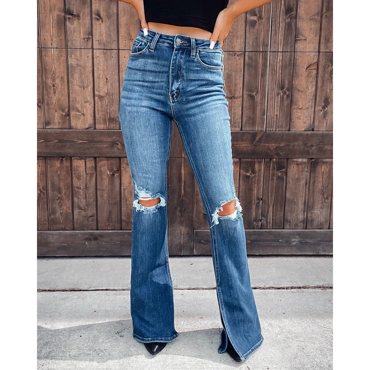 Dame Flared Jeans med gennemgående høj talje og destroyed effekter Stilla