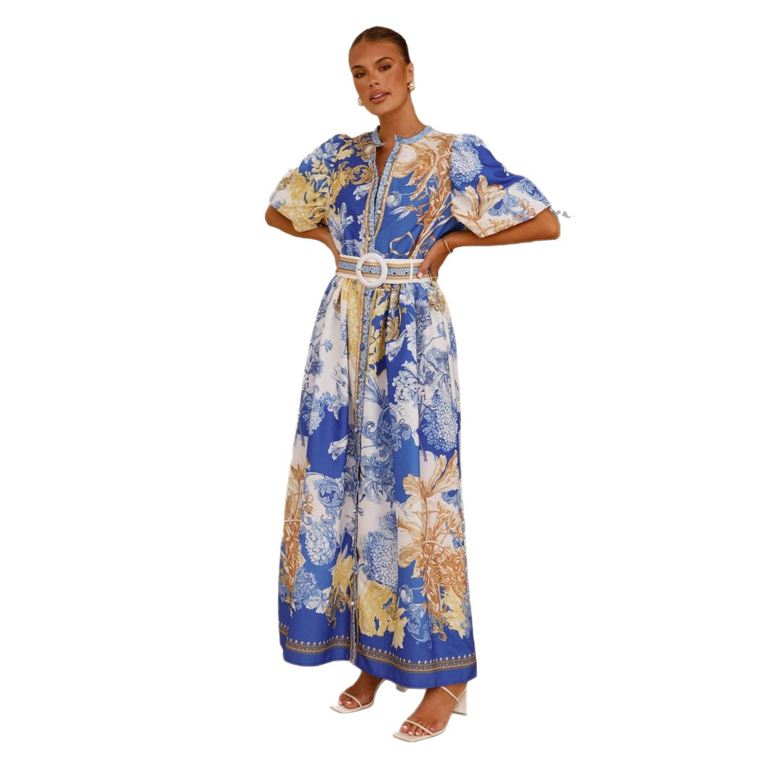 Dame Maxikjole med floral knapliste-design og figursyet bælte Stilla