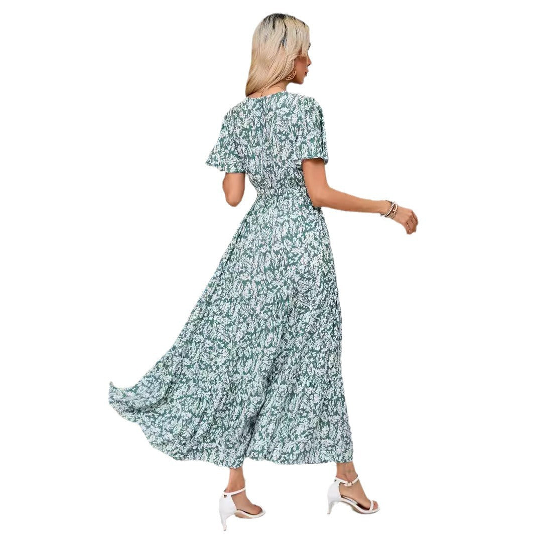 Dame Maxi-kjole med floralt omslag design og dyb slids Stilla