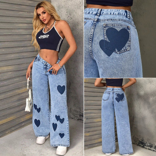 Kvindernes brede jeans med hjerteapplikationer Stilla