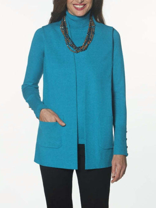 Dame strikjakke med elegant cashmere-look og dyb krave Stilla