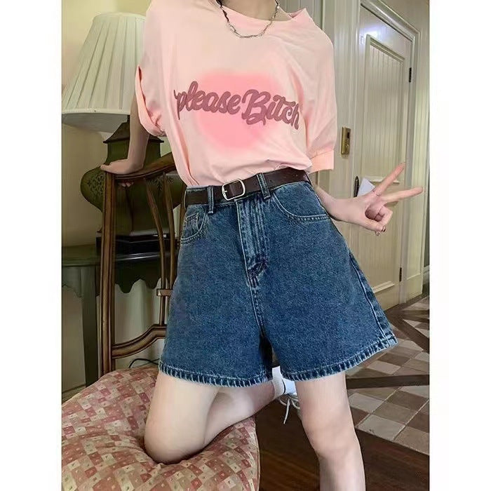 Kvinders denim shorts med høje lommer og løs pasform