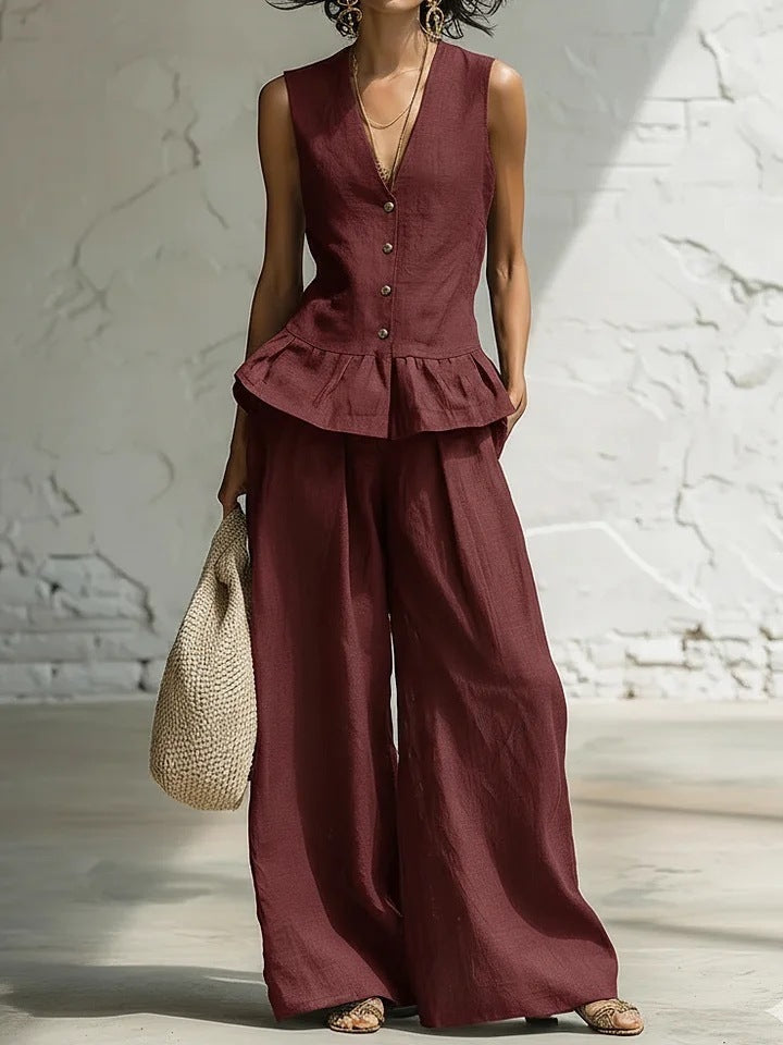 Dame casual jumpsuit med peplum skæring og knapdetaljer Skovae